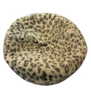 Mark Leopard Print Beret Fuzzy Rabbit Hair Blend Tan Brown Animal Print Hat
